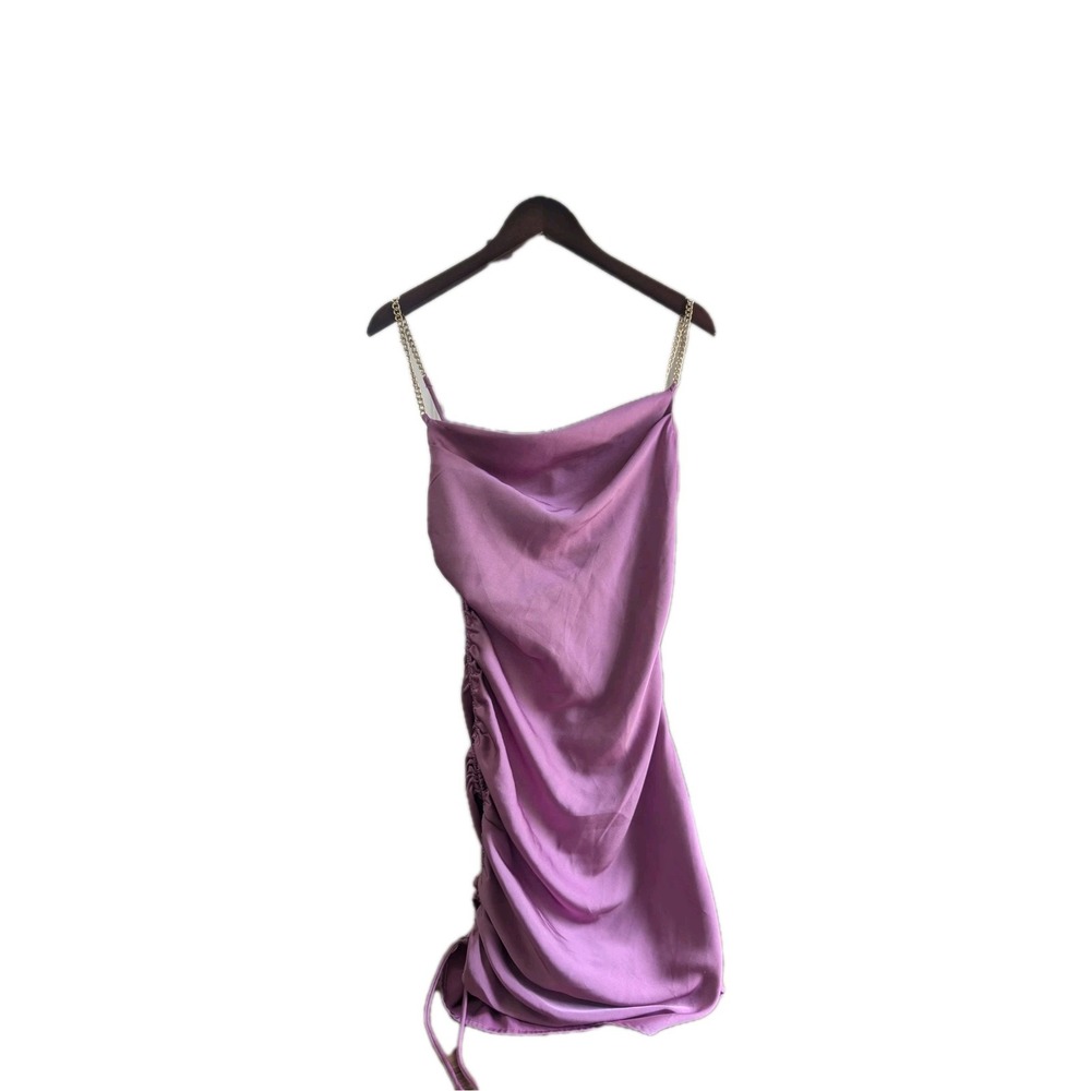 ASTR The Label Women's M Purple Satin Cowl Neck Ruched Mini Dress Chain Straps